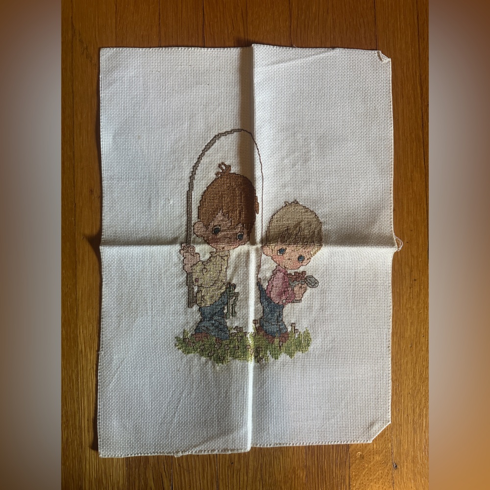 Completed Unframed Vintage Precious Moments Fishing Cross Stitch